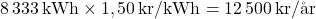 \[ 8\,333 \, \text{kWh} \times 1,50 \, \text{kr/kWh} = 12\,500 \, \text{kr/år} \]